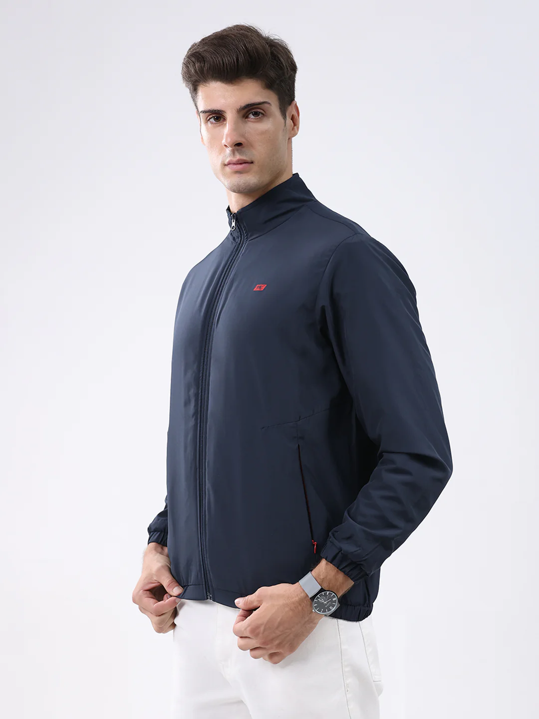 Men Navy Blue Solid Stand Collar Full Sleeve Jacket - Image 3