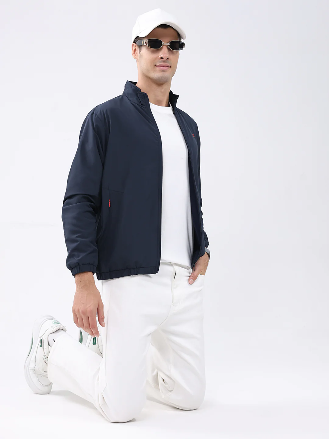 Men Navy Blue Solid Stand Collar Full Sleeve Jacket - Image 6