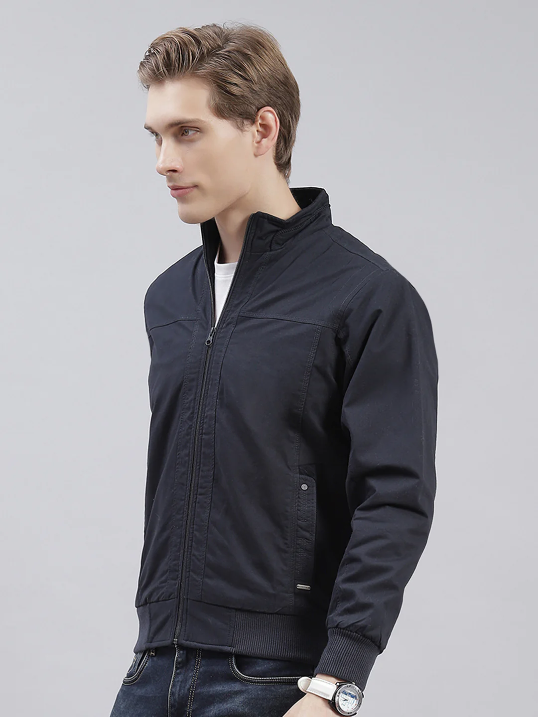 Men Navy Blue Solid Stand Collar Full Sleeve Jackets - Image 3