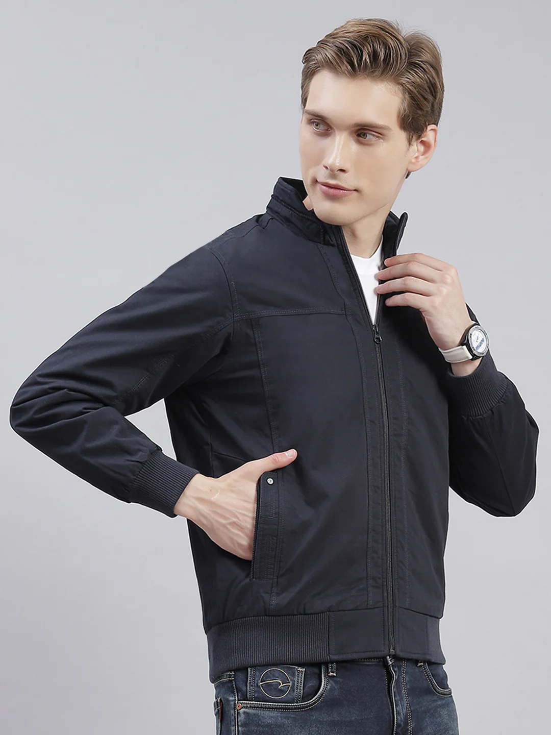Men Navy Blue Solid Stand Collar Full Sleeve Jackets - Image 4