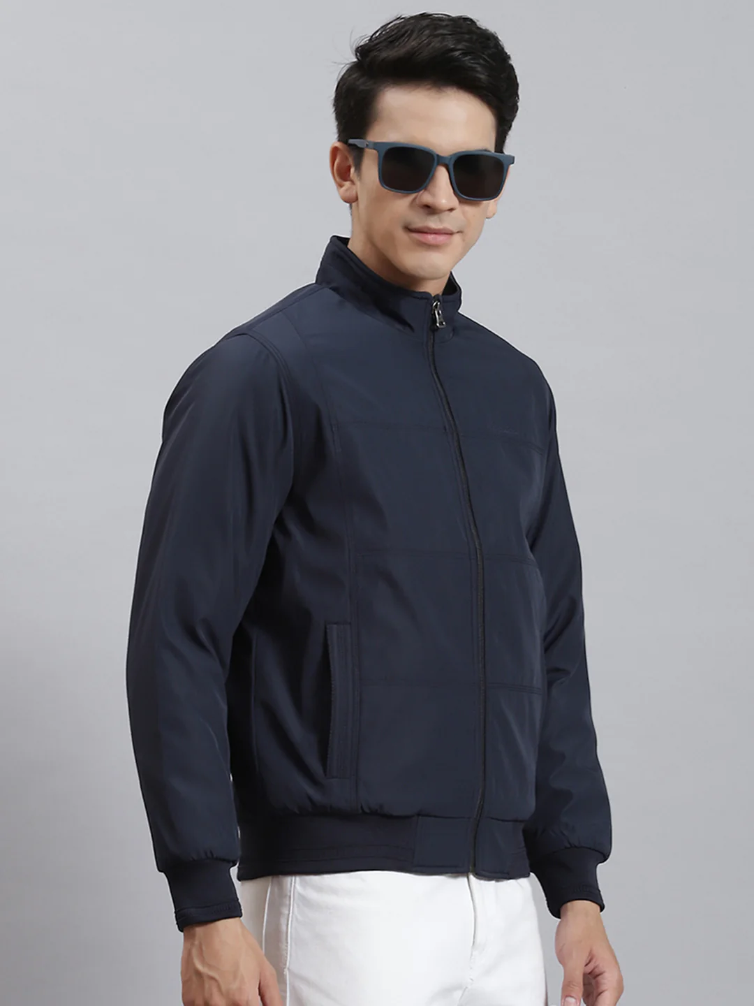 Men Navy Blue Solid Stand Collar Full Sleeve Jackets - Image 4