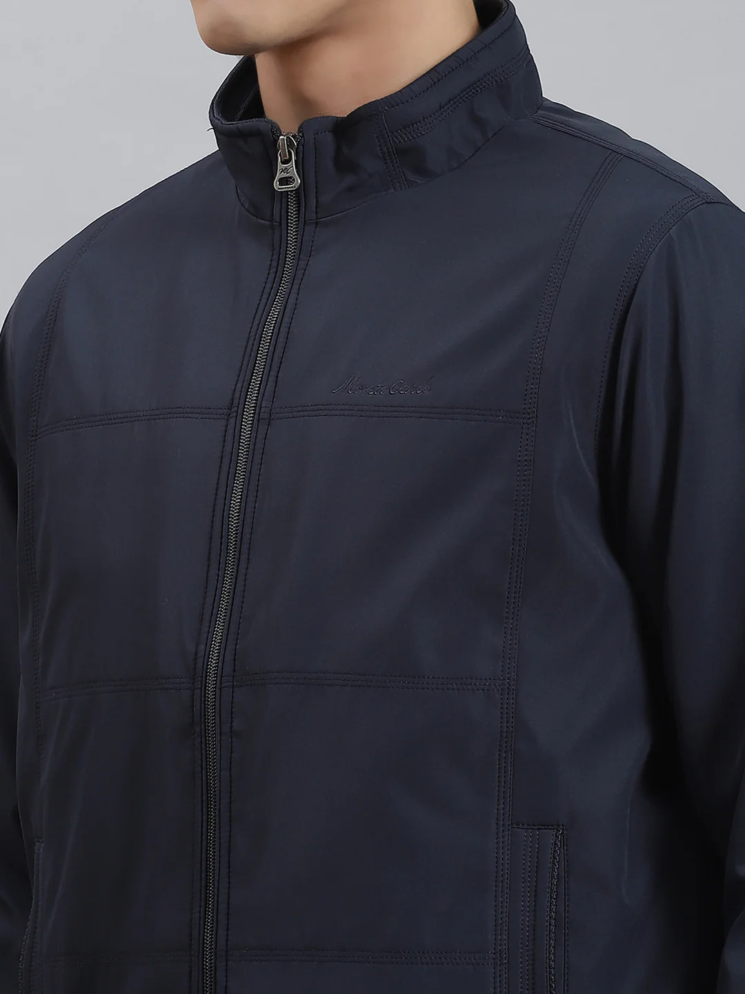 Men Navy Blue Solid Stand Collar Full Sleeve Jackets - Image 6