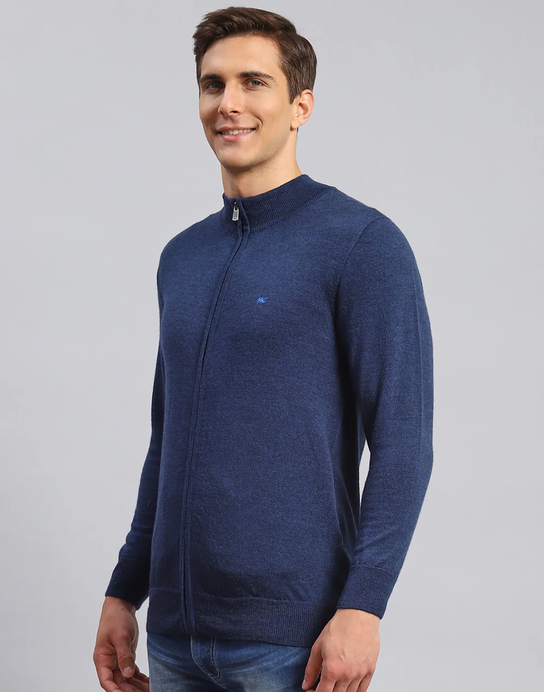 Men Navy Blue Solid Stand Collar Full Sleeve Pullover - Image 3