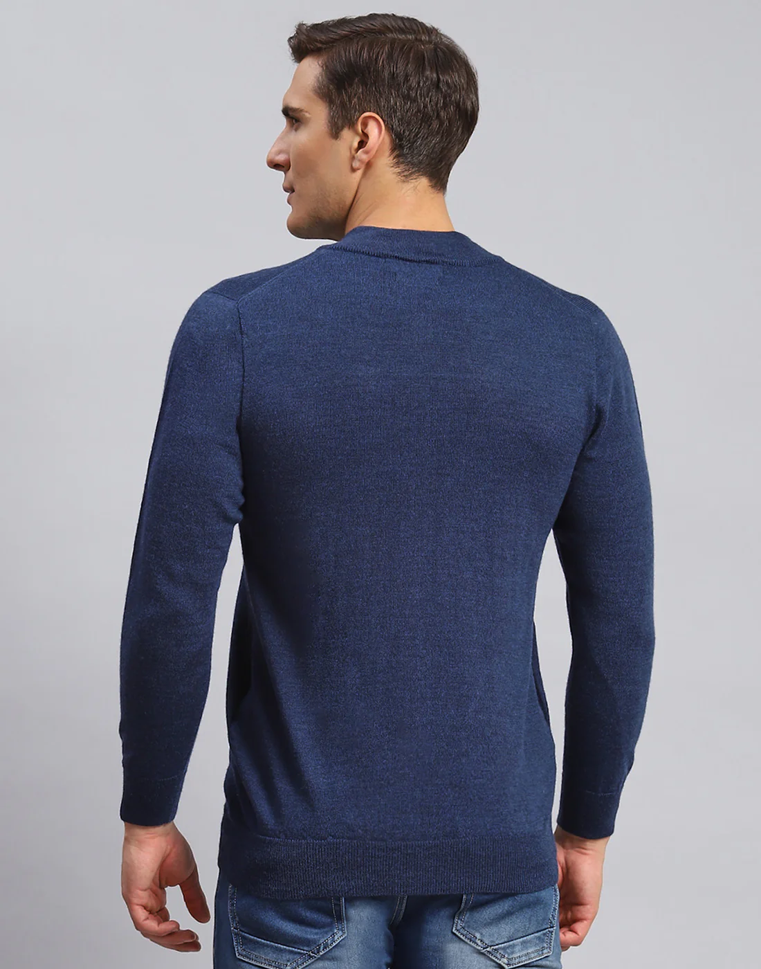 Men Navy Blue Solid Stand Collar Full Sleeve Pullover - Image 5