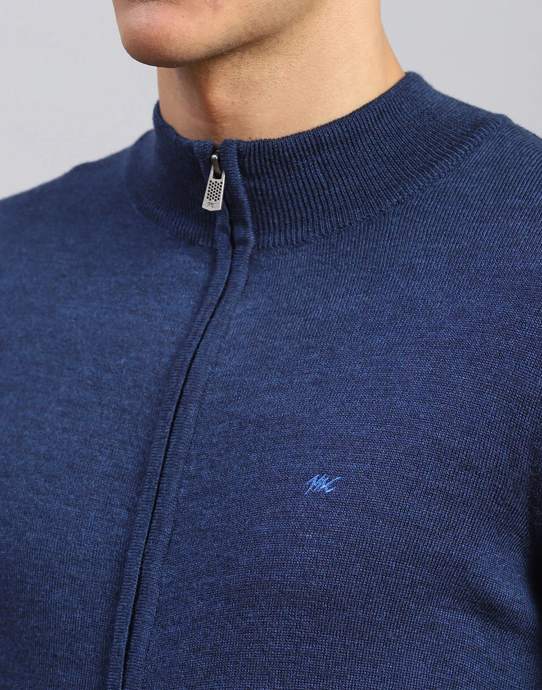 Men Navy Blue Solid Stand Collar Full Sleeve Pullover - Image 6