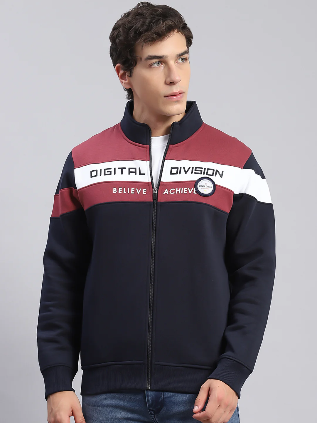 Men Navy Blue Solid Stand Collar Full Sleeve Sweatshirts - Image 2