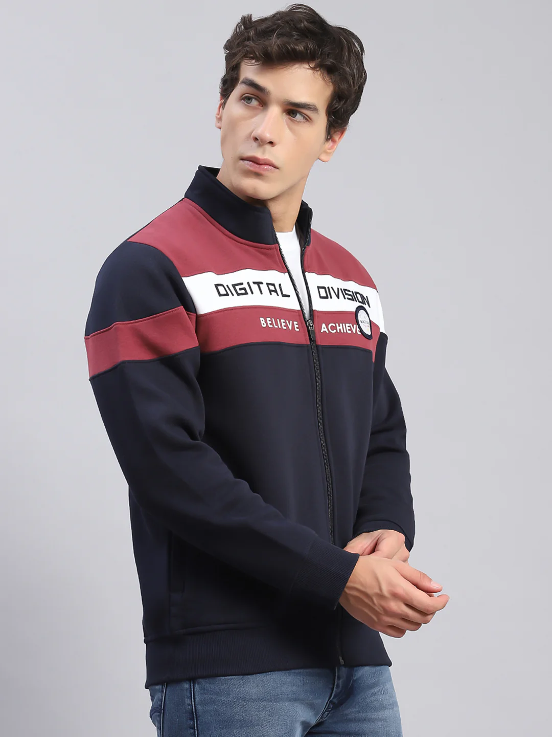 Men Navy Blue Solid Stand Collar Full Sleeve Sweatshirts - Image 4