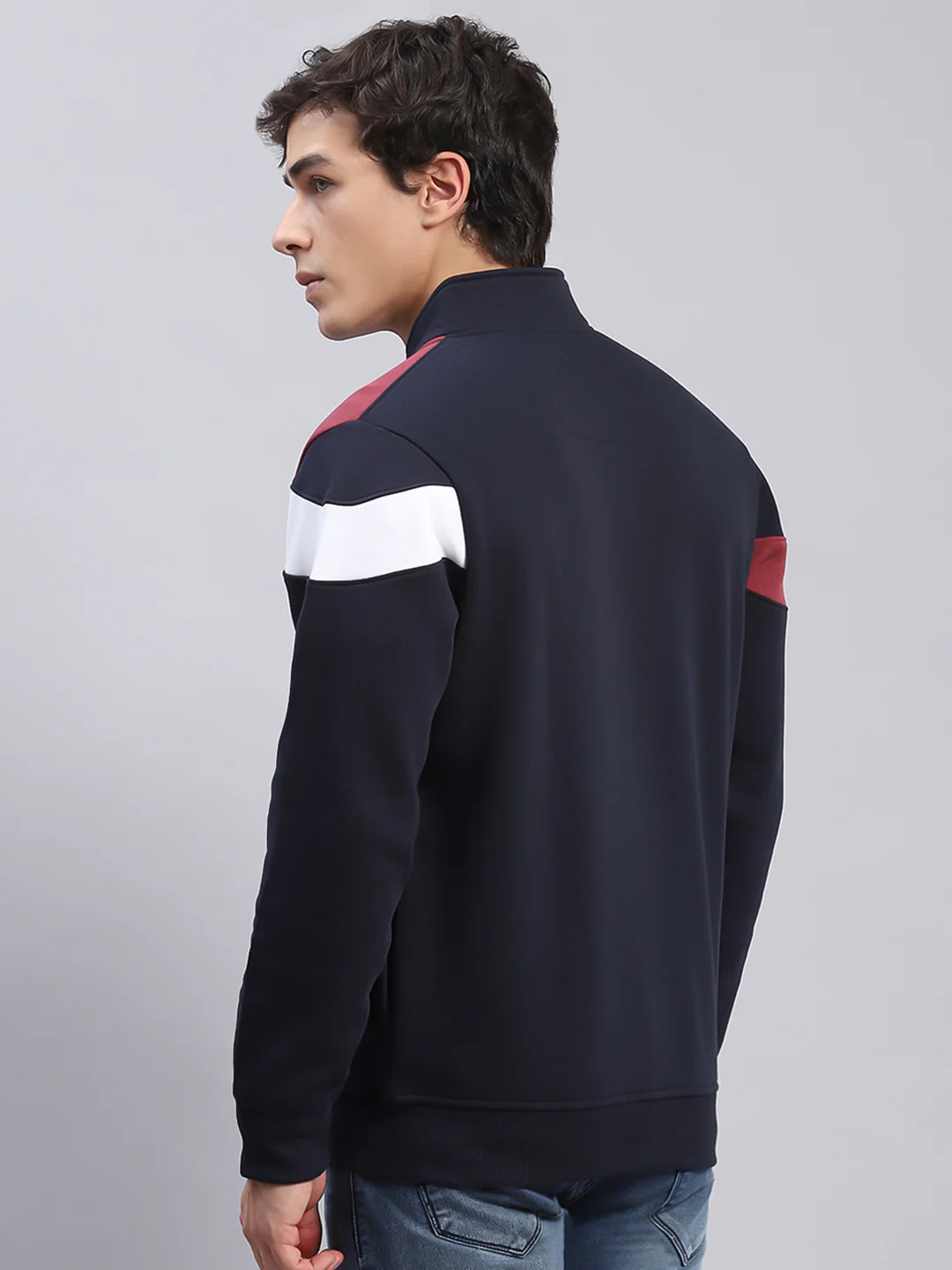Men Navy Blue Solid Stand Collar Full Sleeve Sweatshirts - Image 5