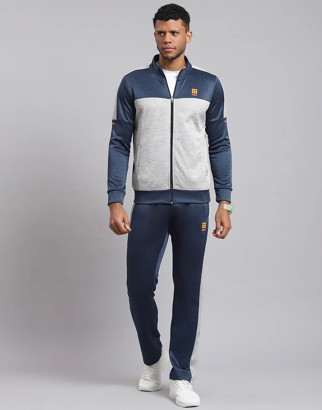Rock.it Men Navy Blue Solid Stand Collar Full Sleeve Tracksuit - Image 2