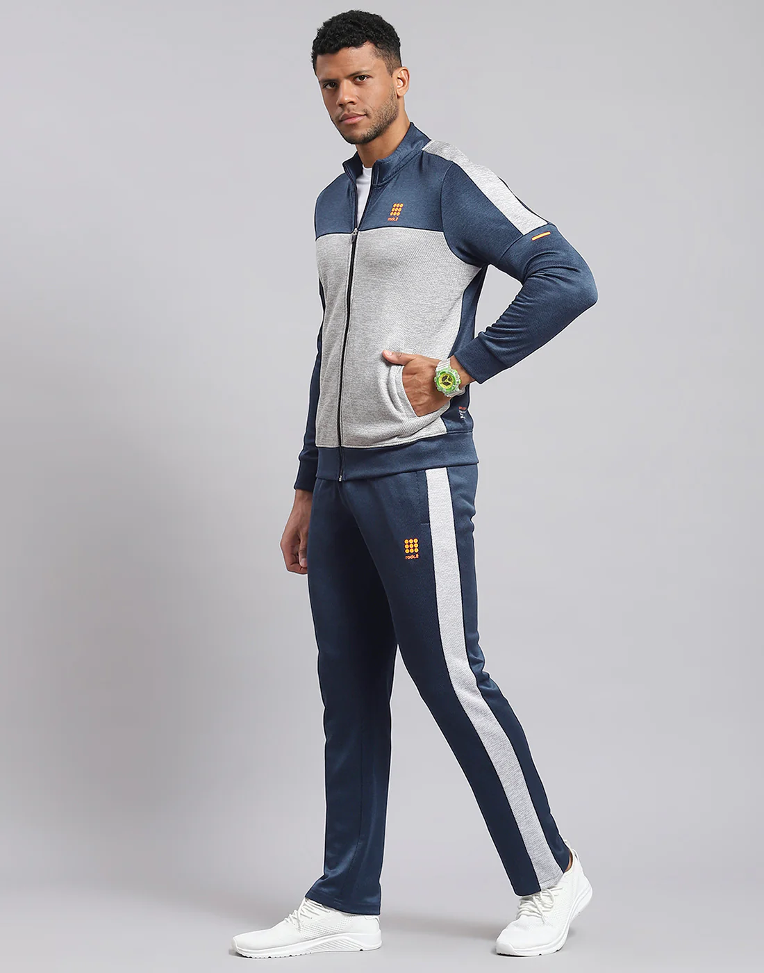 Rock.it Men Navy Blue Solid Stand Collar Full Sleeve Tracksuit - Image 3
