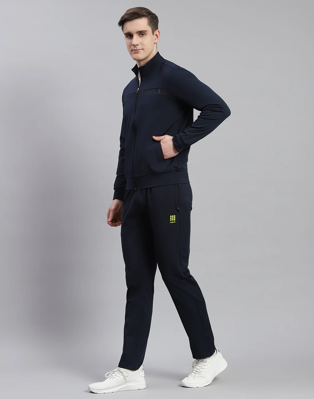 Rock.it Men Navy Blue Solid Stand Collar Full Sleeve Tracksuit - Image 3