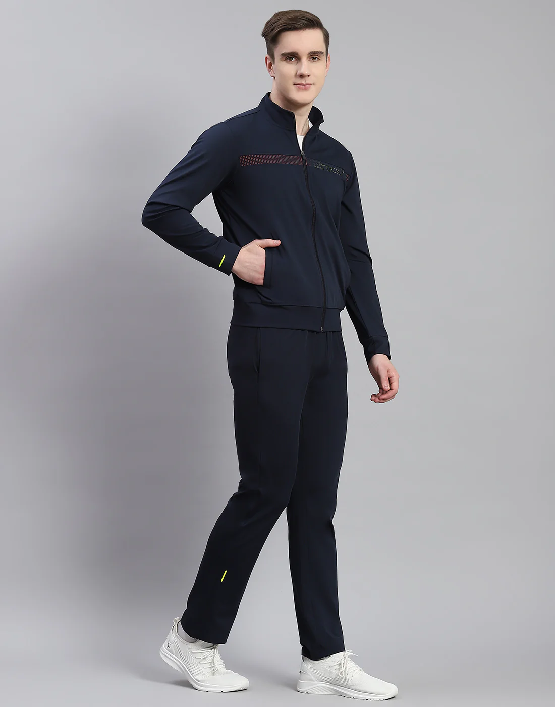 Rock.it Men Navy Blue Solid Stand Collar Full Sleeve Tracksuit - Image 4
