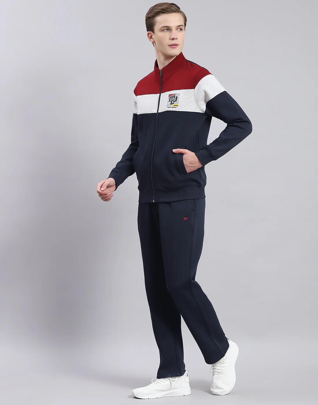 Men Navy Blue Solid Stand Collar Full Sleeve Tracksuit - Image 3