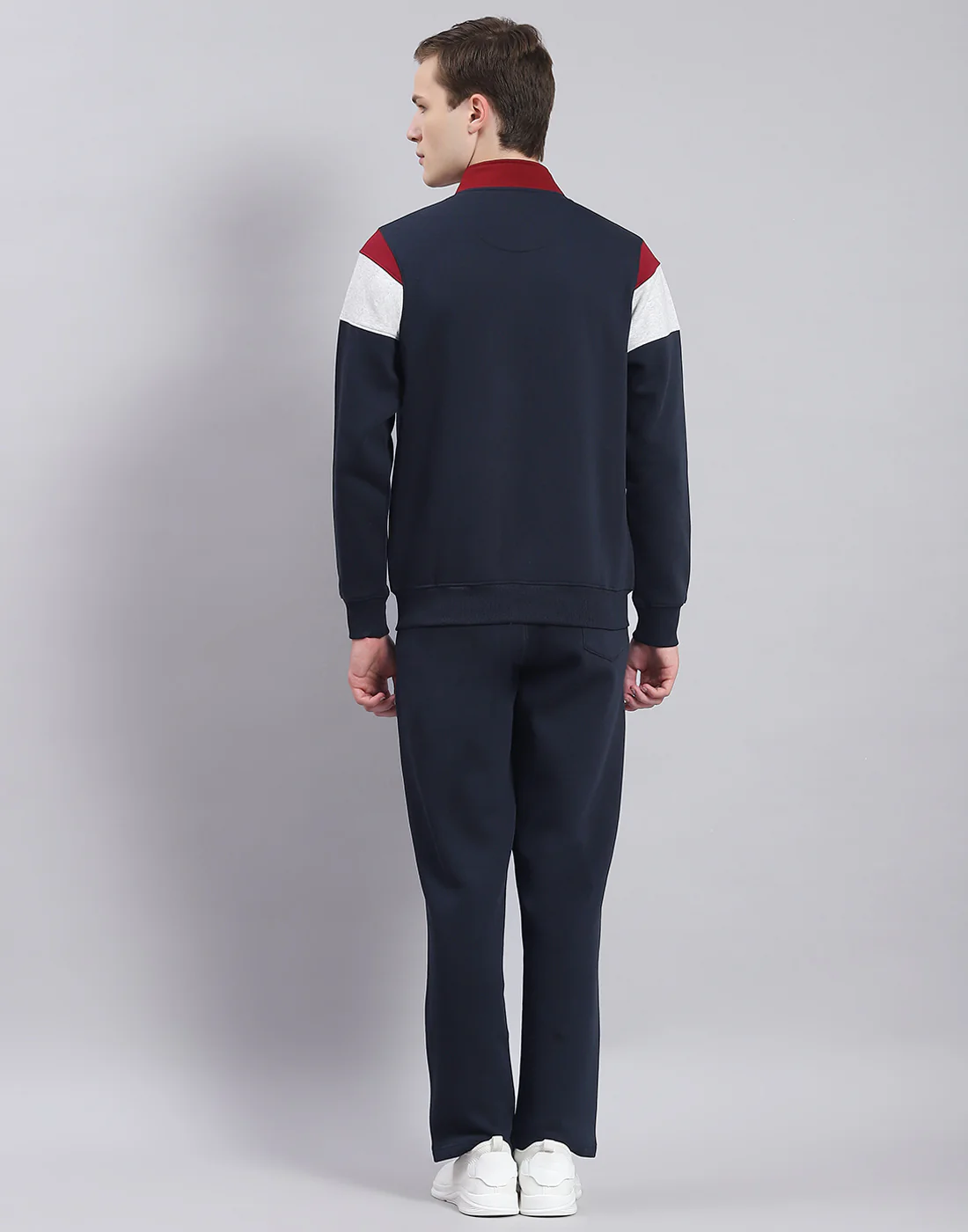 Men Navy Blue Solid Stand Collar Full Sleeve Tracksuit - Image 5