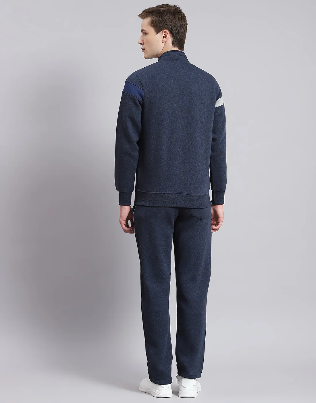 Men Navy Blue Solid Stand Collar Full Sleeve Tracksuit - Image 6