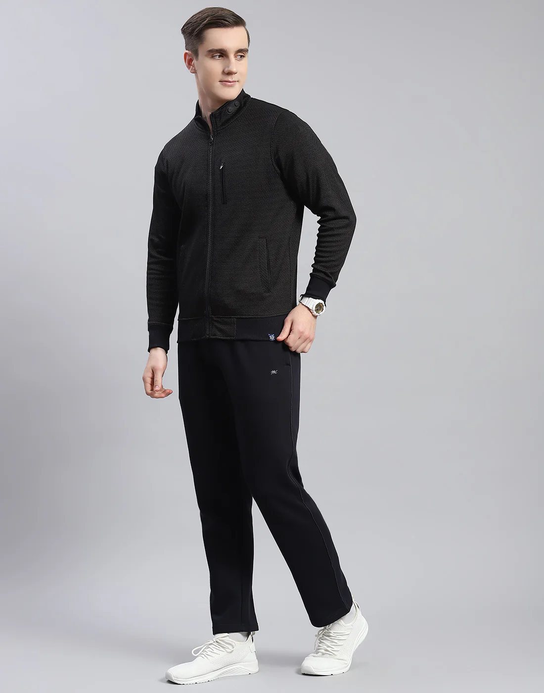 Men Navy Blue Solid Stand Collar Full Sleeve Tracksuit - Image 3
