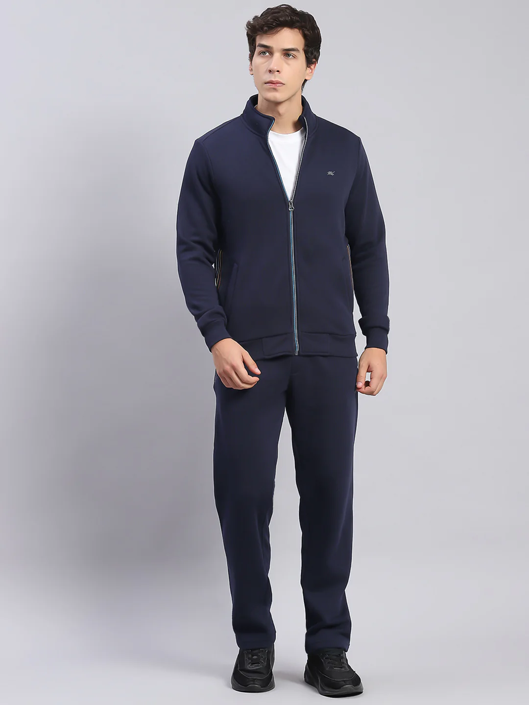 Men Navy Blue Solid Stand Collar Full Sleeve Tracksuits - Image 2