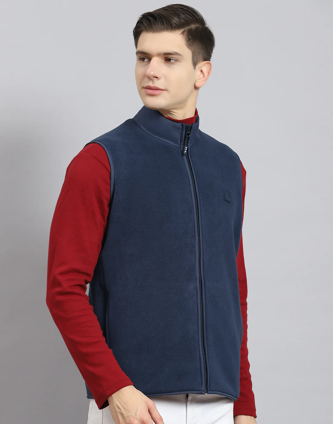 Men Navy Blue Solid Stand Collar Sleeveless Jacket - Image 7