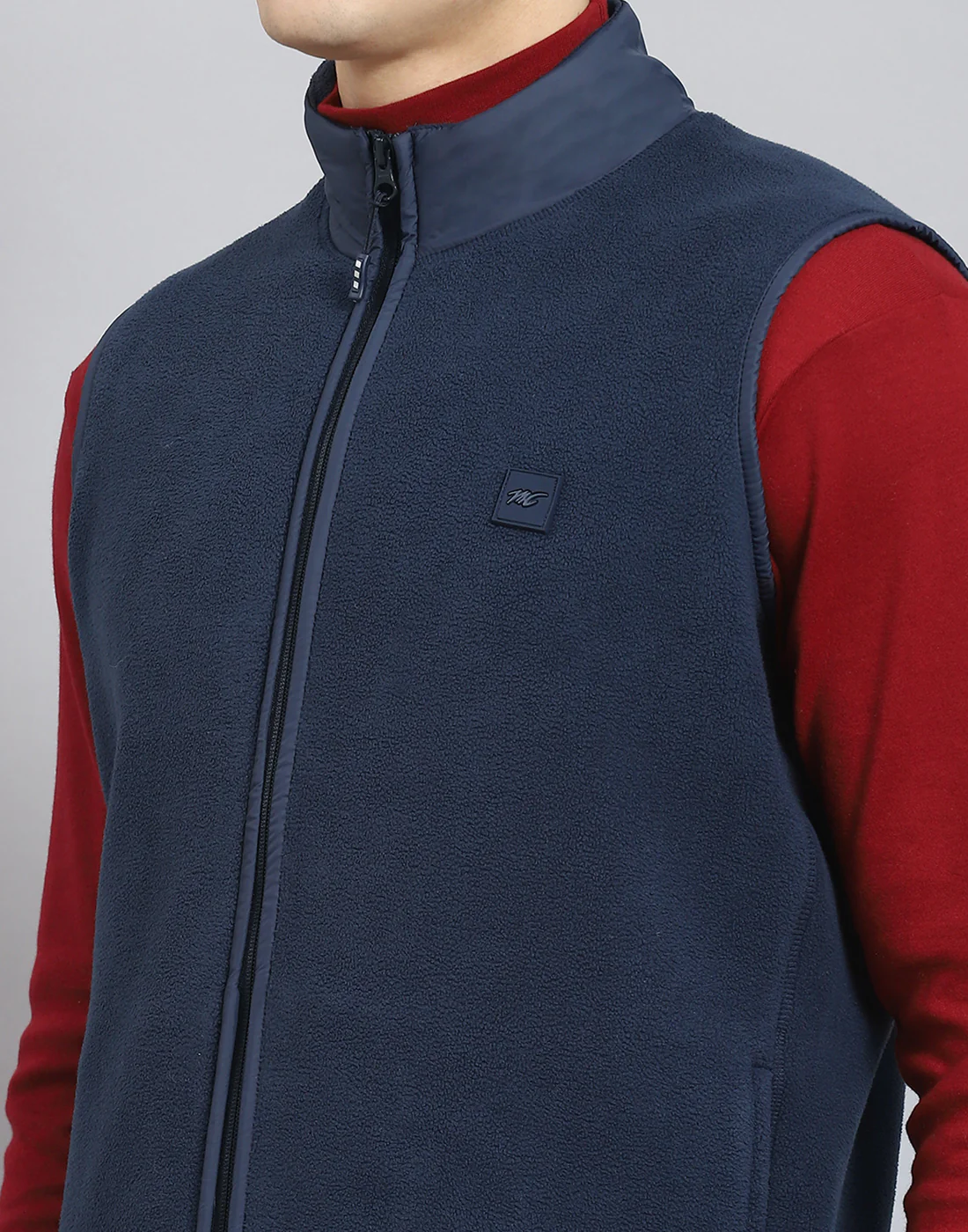 Men Navy Blue Solid Stand Collar Sleeveless Jacket - Image 8