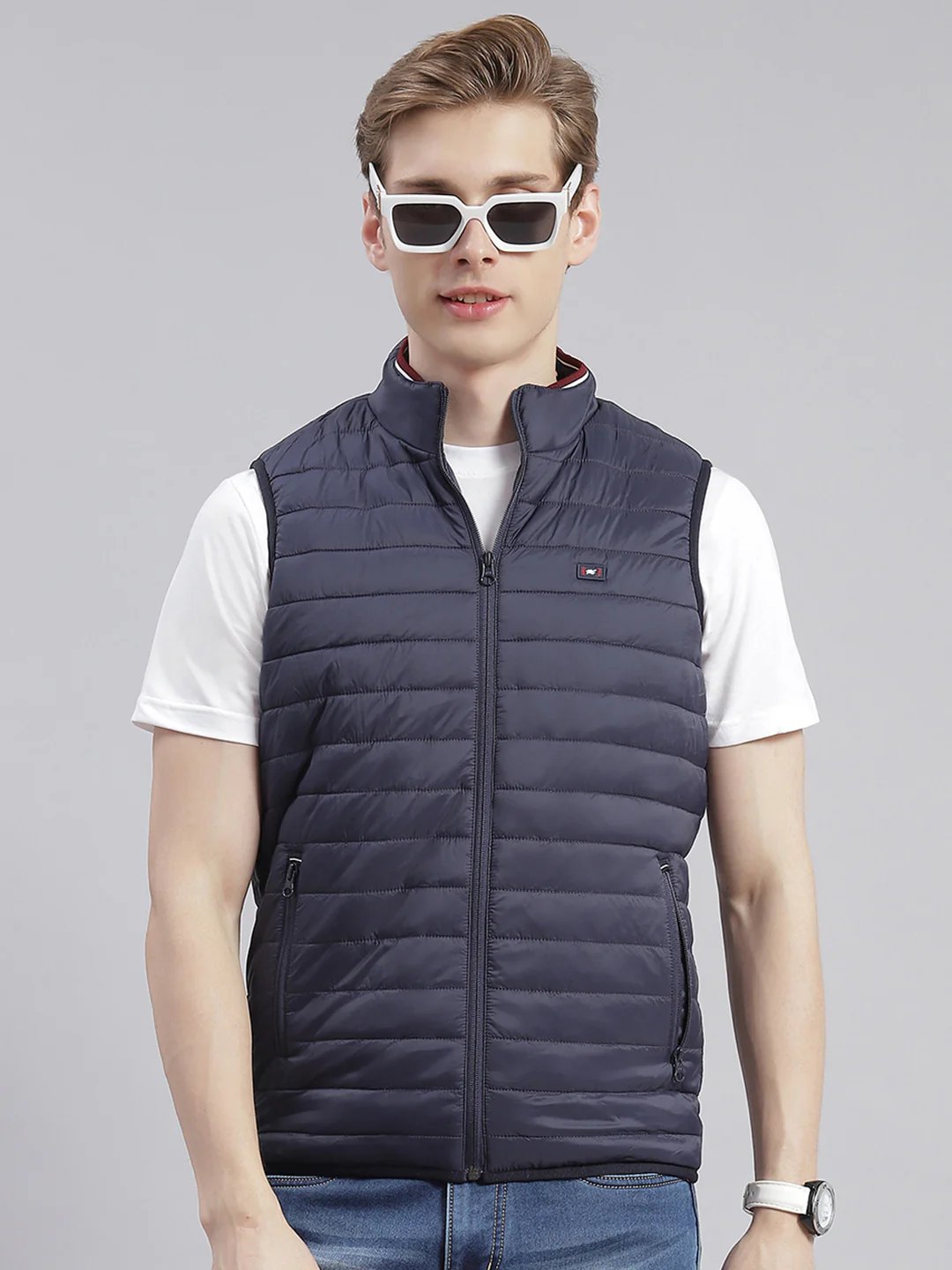 Men Navy Blue Solid Stand Collar Sleeveless Jackets