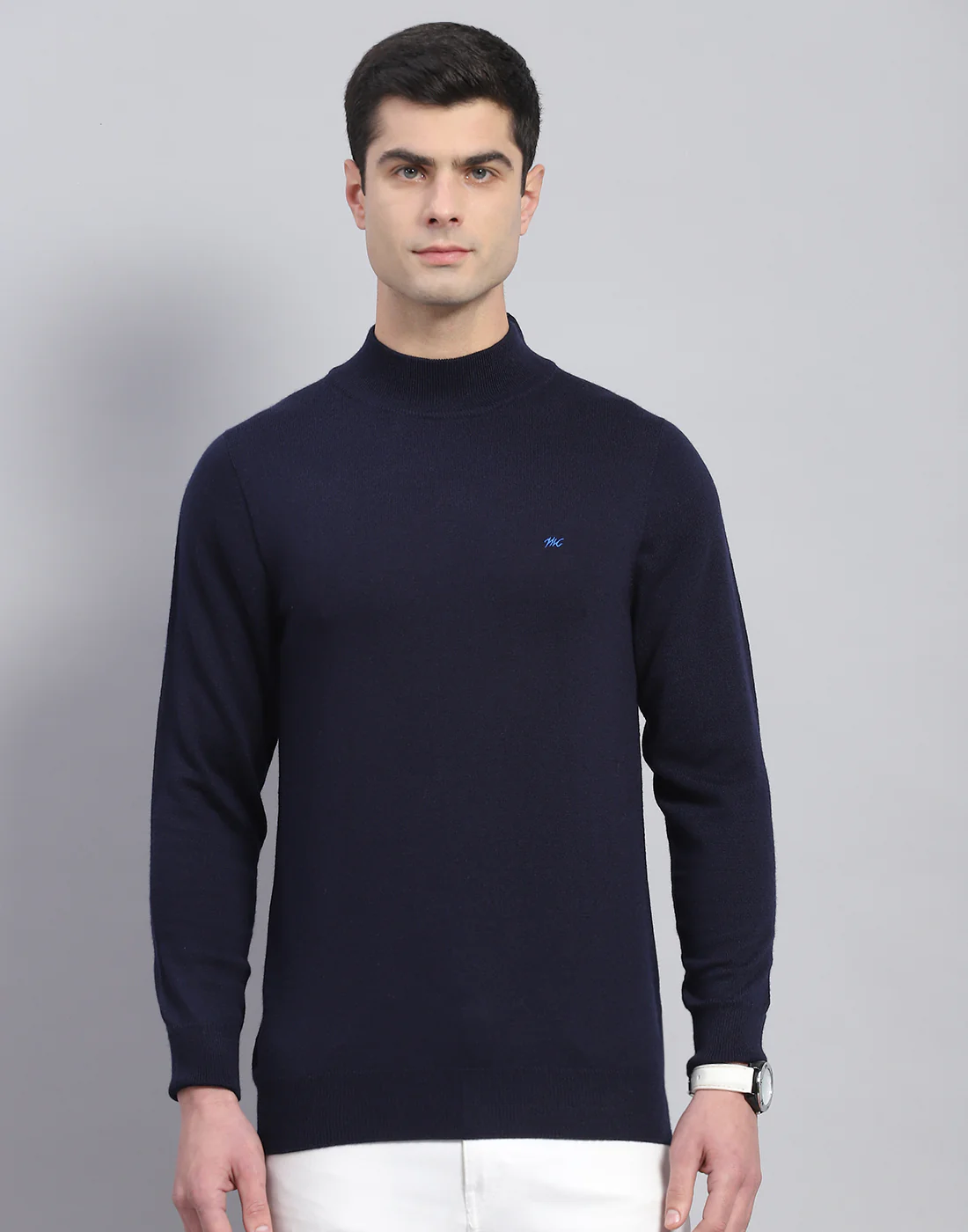 Men Navy Blue Solid T Neck Full Sleeve Pullover - Image 3
