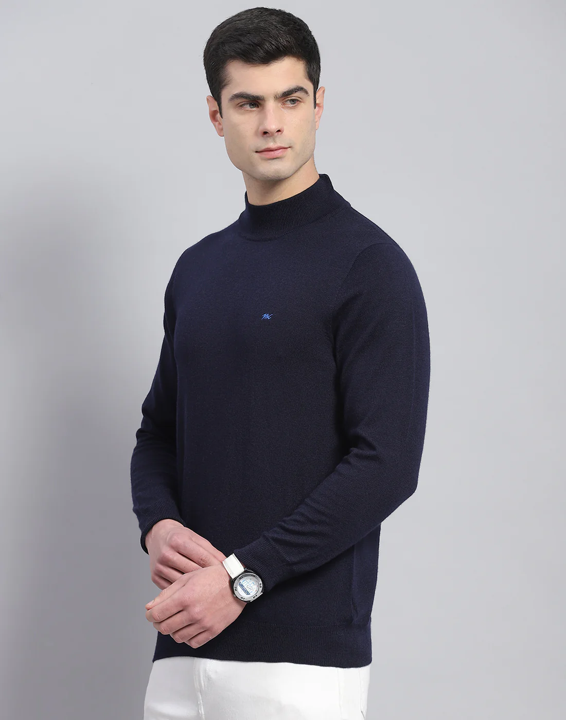 Men Navy Blue Solid T Neck Full Sleeve Pullover - Image 4