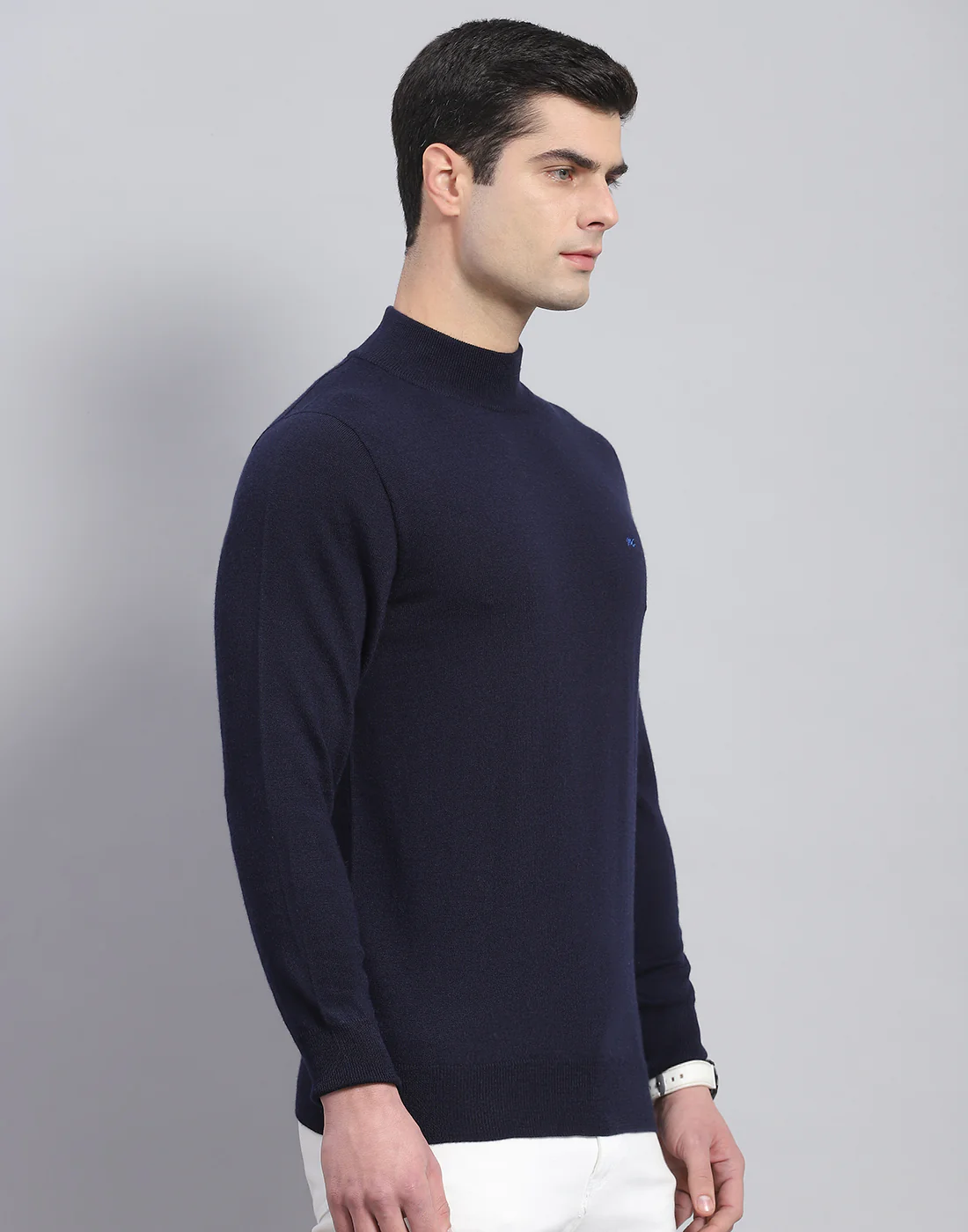 Men Navy Blue Solid T Neck Full Sleeve Pullover - Image 5