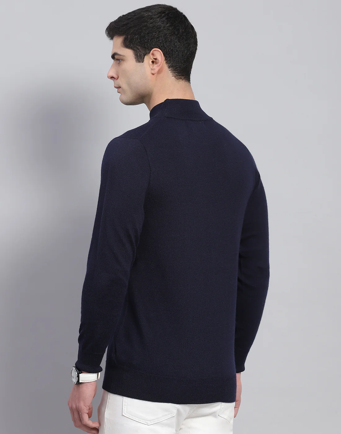 Men Navy Blue Solid T Neck Full Sleeve Pullover - Image 6