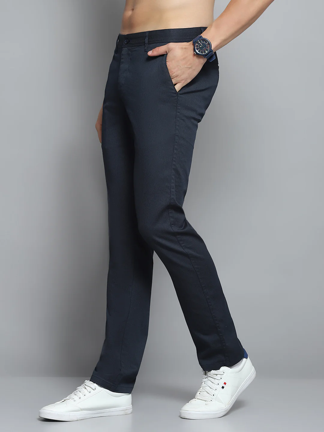Men Navy Blue Solid Trouser - Image 3