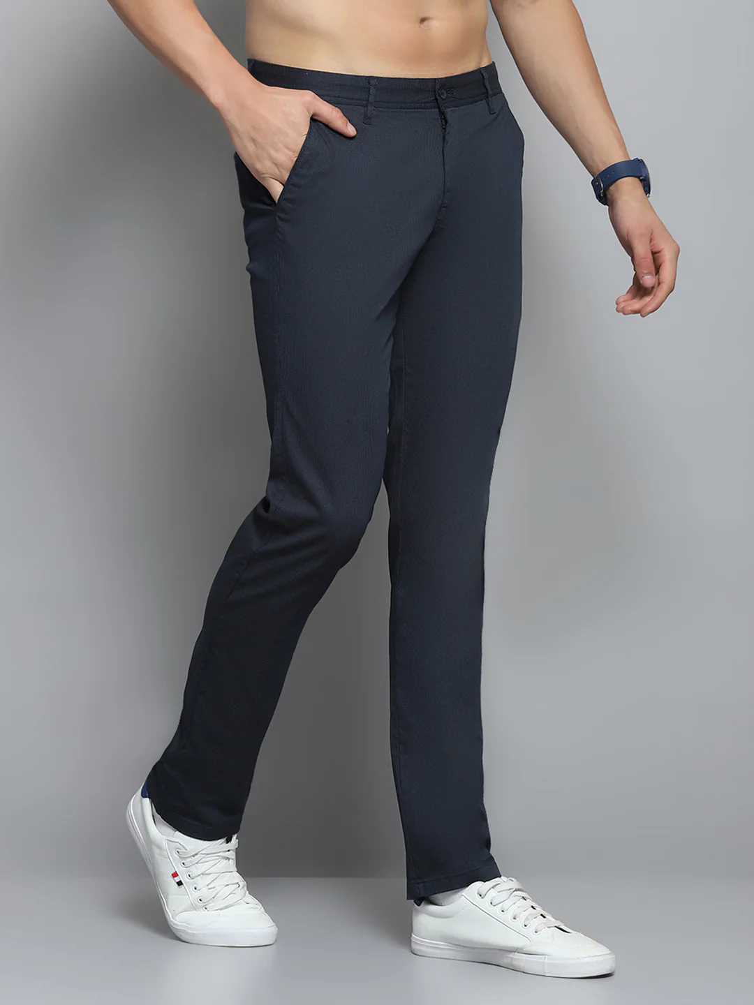 Men Navy Blue Solid Trouser - Image 4