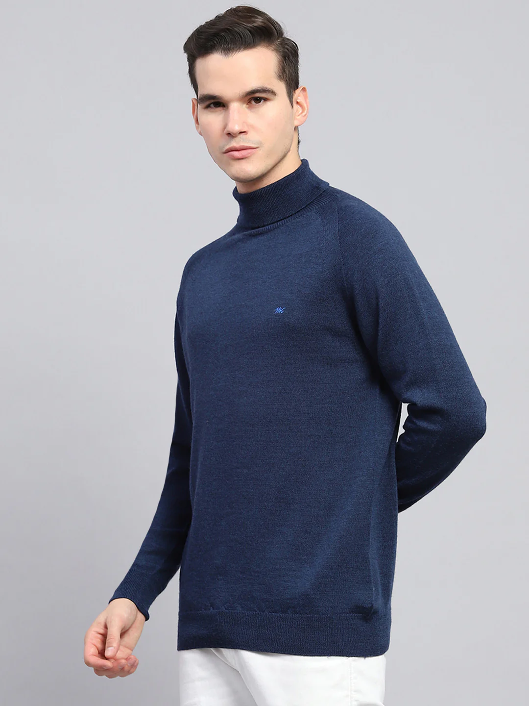 Men Navy Blue Solid Turtle Neck Full Sleeve Pullover - Image 3