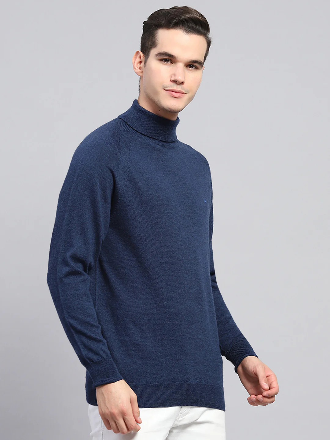 Men Navy Blue Solid Turtle Neck Full Sleeve Pullover - Image 4