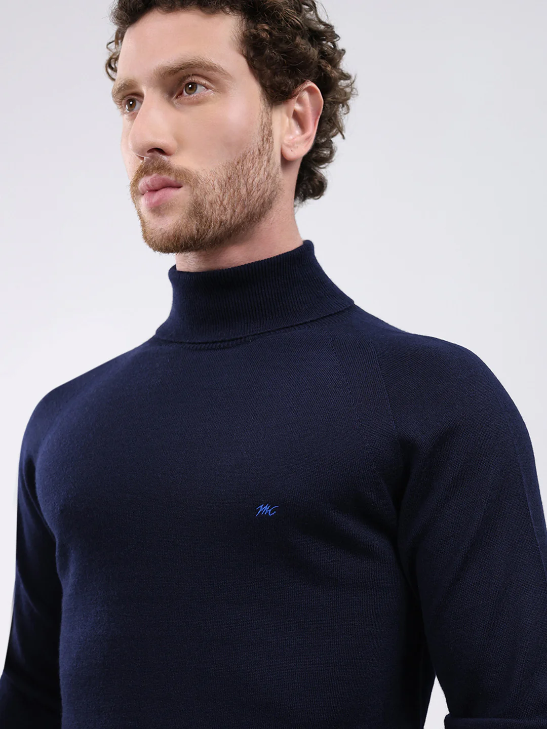 Men Navy Blue Solid Turtle Neck Full Sleeve Pullover - Image 6