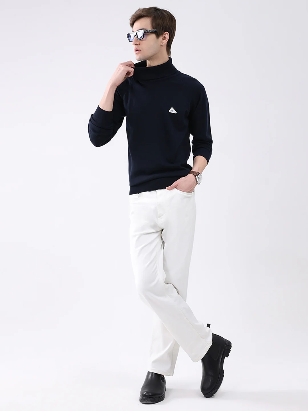 Men Navy Blue Solid Turtle Neck Full Sleeve Pullover - Image 2