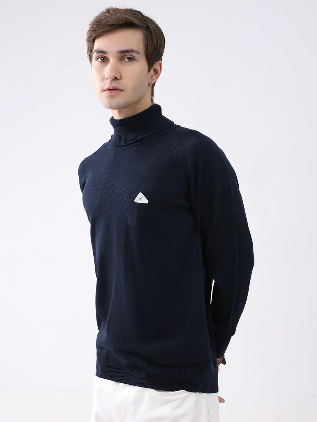 Men Navy Blue Solid Turtle Neck Full Sleeve Pullover - Image 3