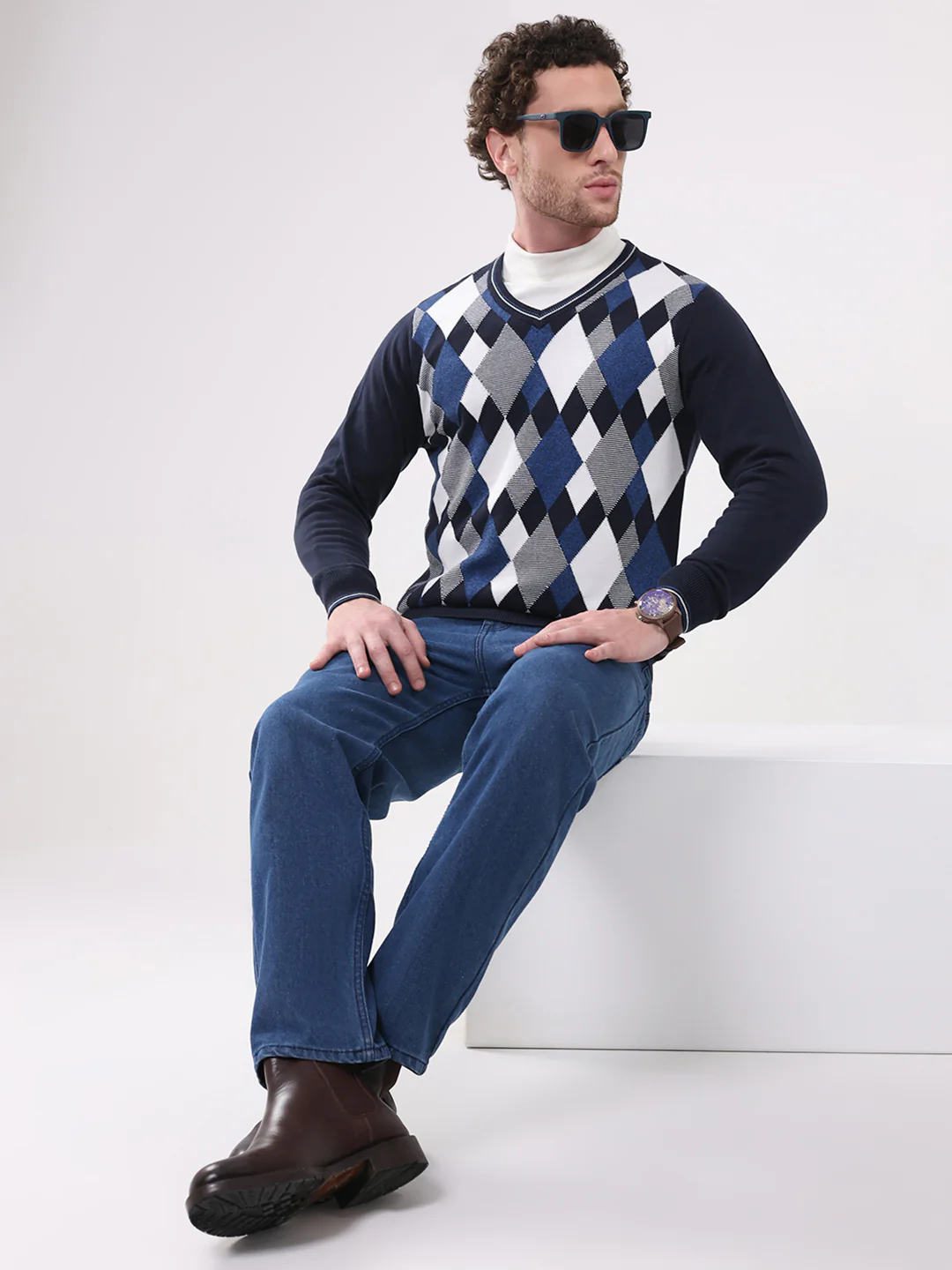 Men Navy Blue Solid V Neck Full Sleeve Pullover - Image 2