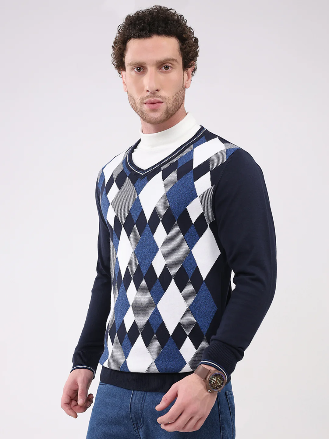 Men Navy Blue Solid V Neck Full Sleeve Pullover - Image 3