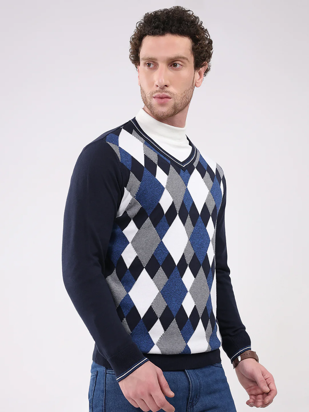 Men Navy Blue Solid V Neck Full Sleeve Pullover - Image 4