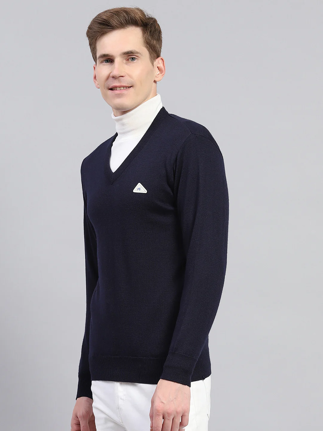 Men Navy Blue Solid V Neck Full Sleeve Pullover - Image 3