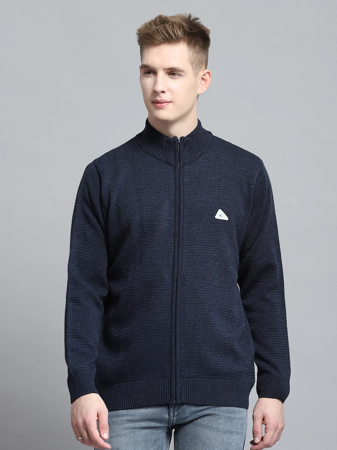 Men Navy Blue Solid V Neck Full Sleeve Pullover