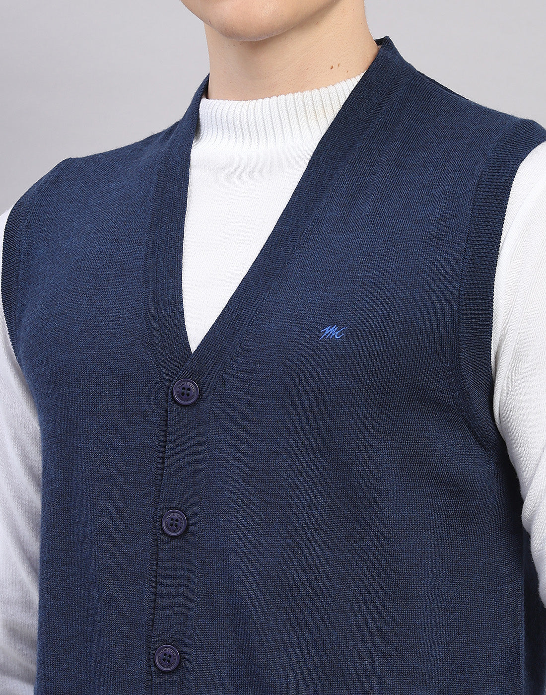 Men Navy Blue Solid V Neck Sleeveless Cardigan - Image 7