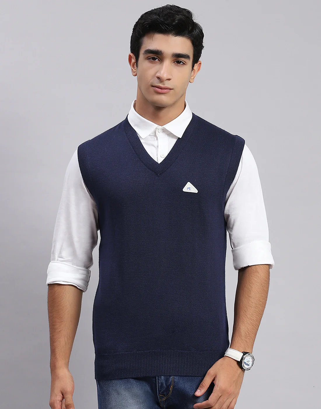 Men Navy Blue Solid V Neck Sleeveless Sweater - Image 2