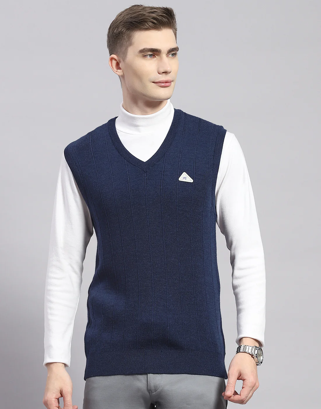 Men Navy Blue Solid V Neck Sleeveless Sweater - Image 2
