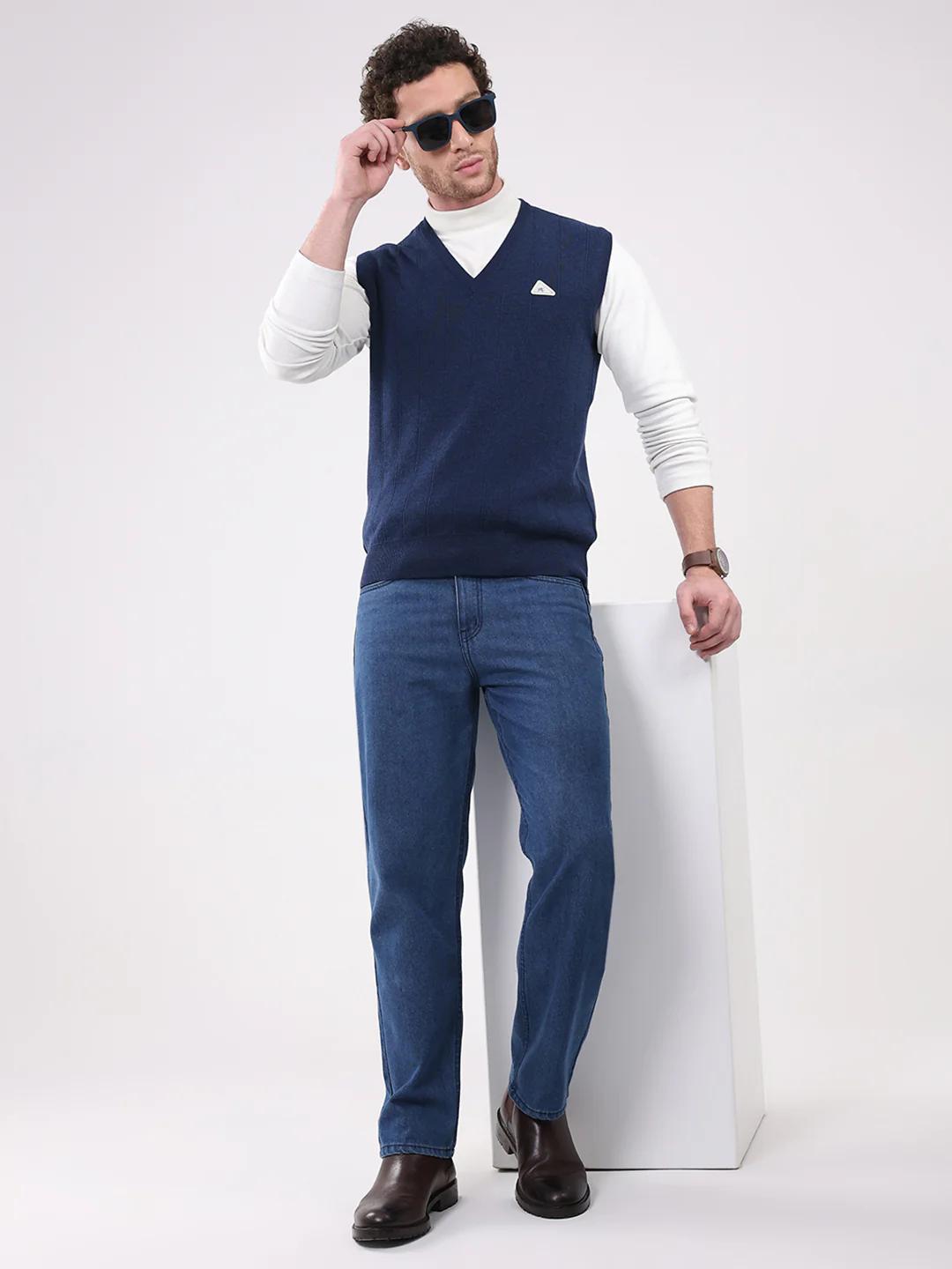 Men Navy Blue Solid V Neck Sleeveless Sweater - Image 2