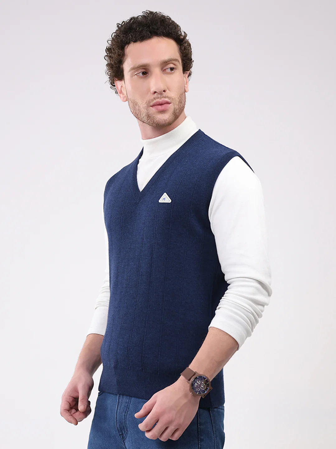 Men Navy Blue Solid V Neck Sleeveless Sweater - Image 3