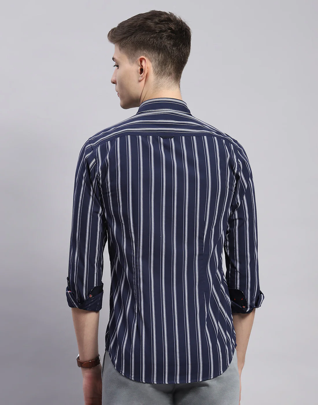 Men Navy Blue Stripe Collar Full Sleeve Shirt - Image 6
