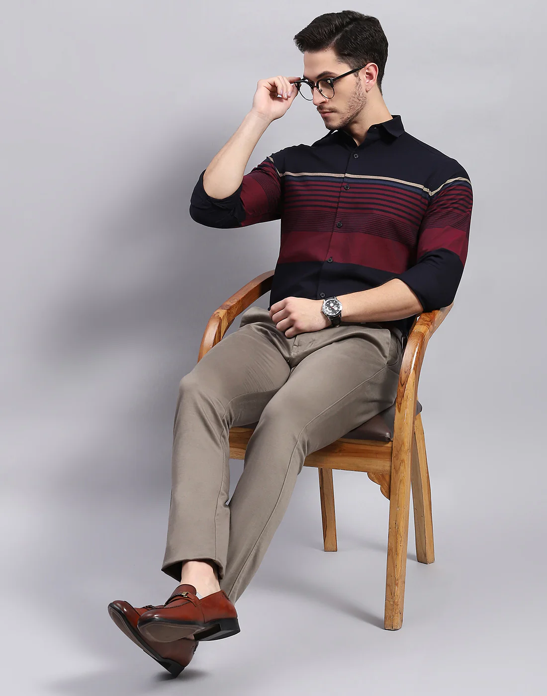 Men Navy Blue Stripe Collar Full Sleeve Shirt - Image 2