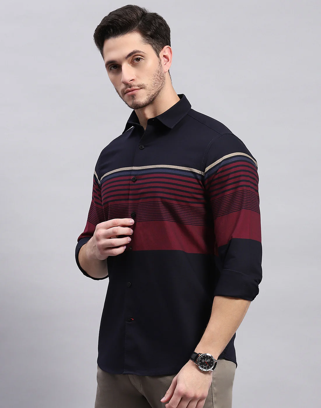 Men Navy Blue Stripe Collar Full Sleeve Shirt - Image 3