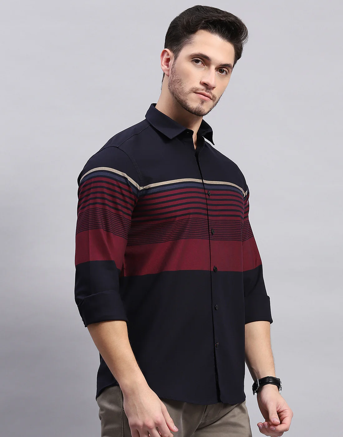 Men Navy Blue Stripe Collar Full Sleeve Shirt - Image 4