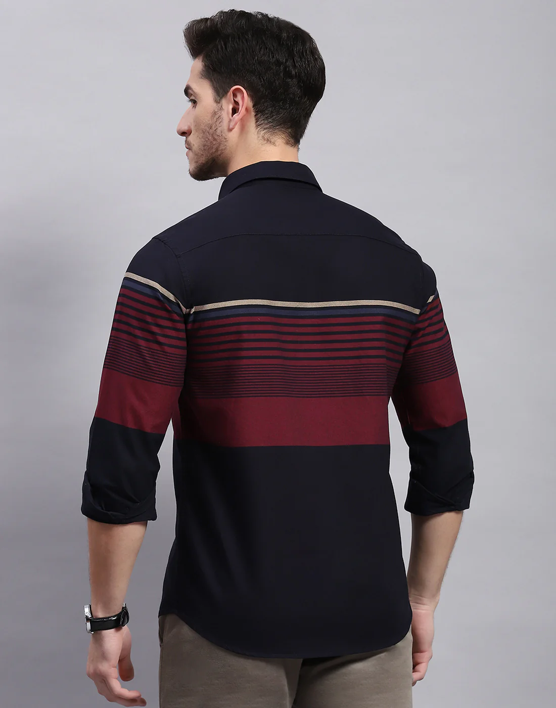 Men Navy Blue Stripe Collar Full Sleeve Shirt - Image 5